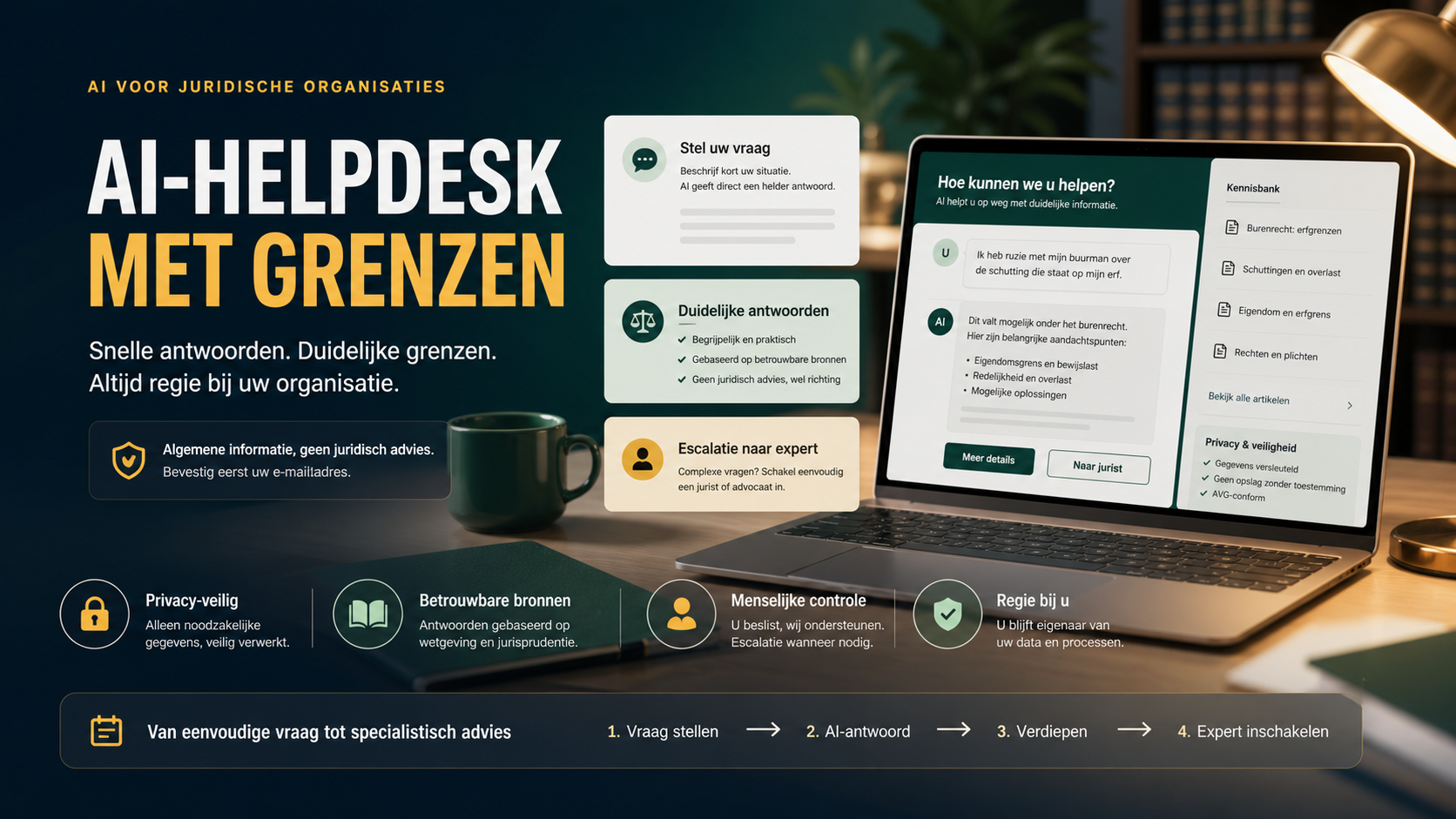 AI-helpdesk voor juridische organisaties: duidelijke antwoorden zonder adviesbelofte