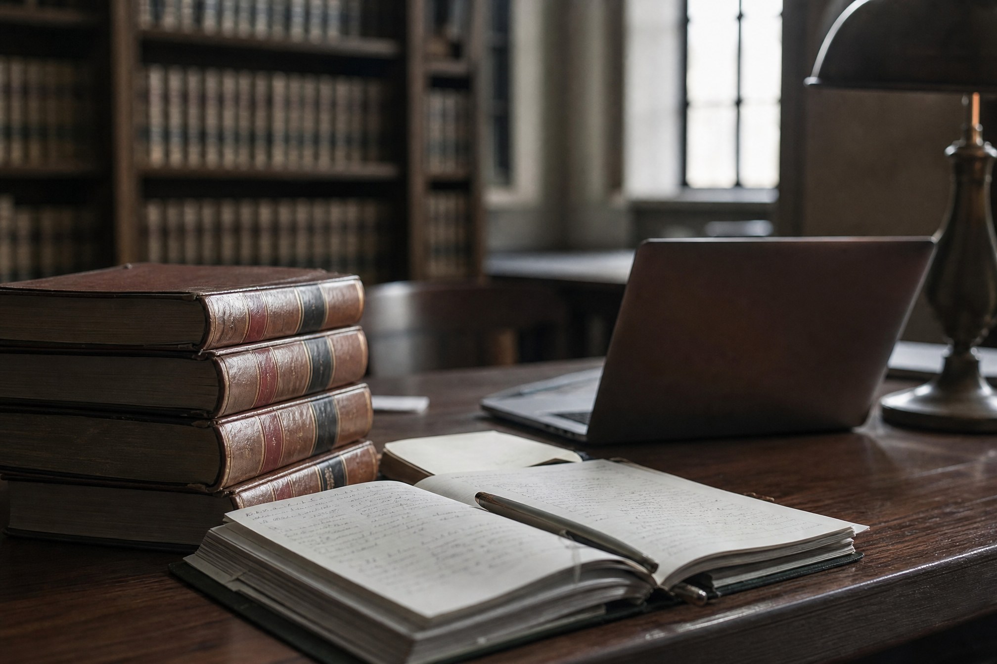 Juridische bibliotheek met wetboeken, aantekeningen en laptop