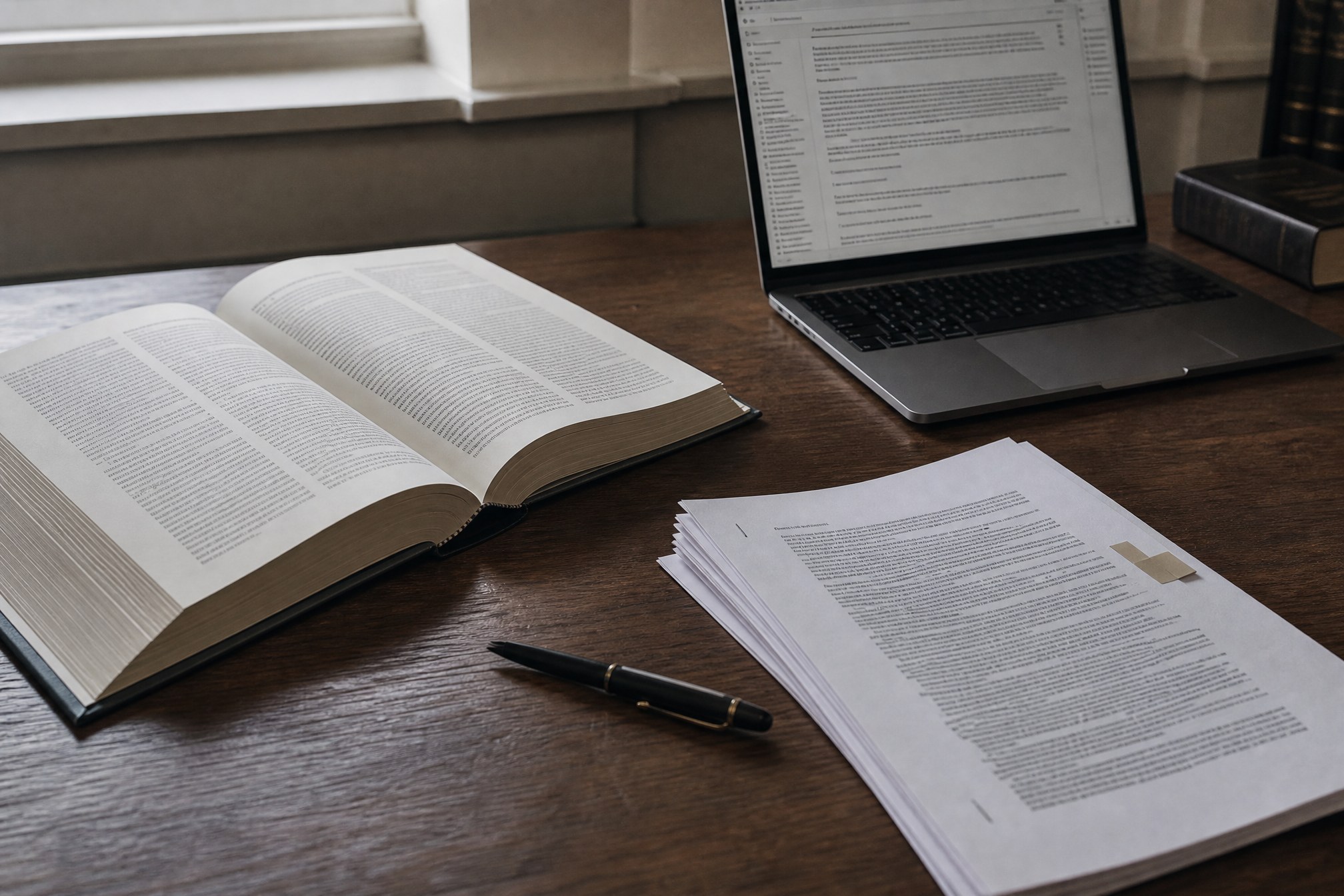 Open wetboek, gerechtelijke stukken en laptop op een bureau