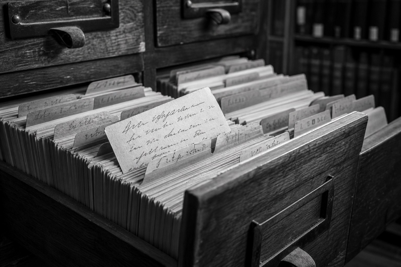 Open kaartenbak van een juridische bibliotheek met dicht opeen staande, met de hand beschreven fiches