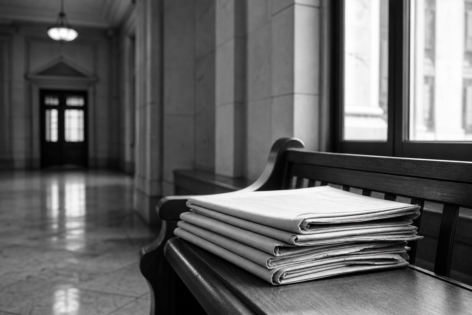 Stapel opgevouwen kranten op een houten bank in een lege gerechtsgang