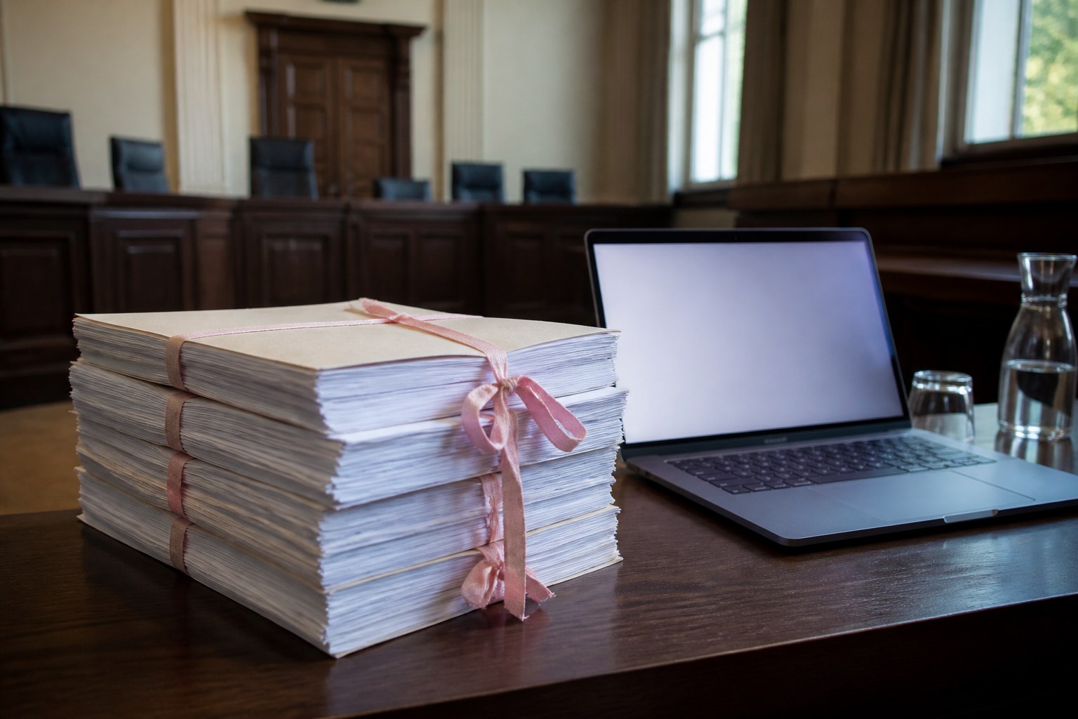 Stapel papieren procesdossiers met roze lint naast een open laptop op een tafel in een rechtszaal