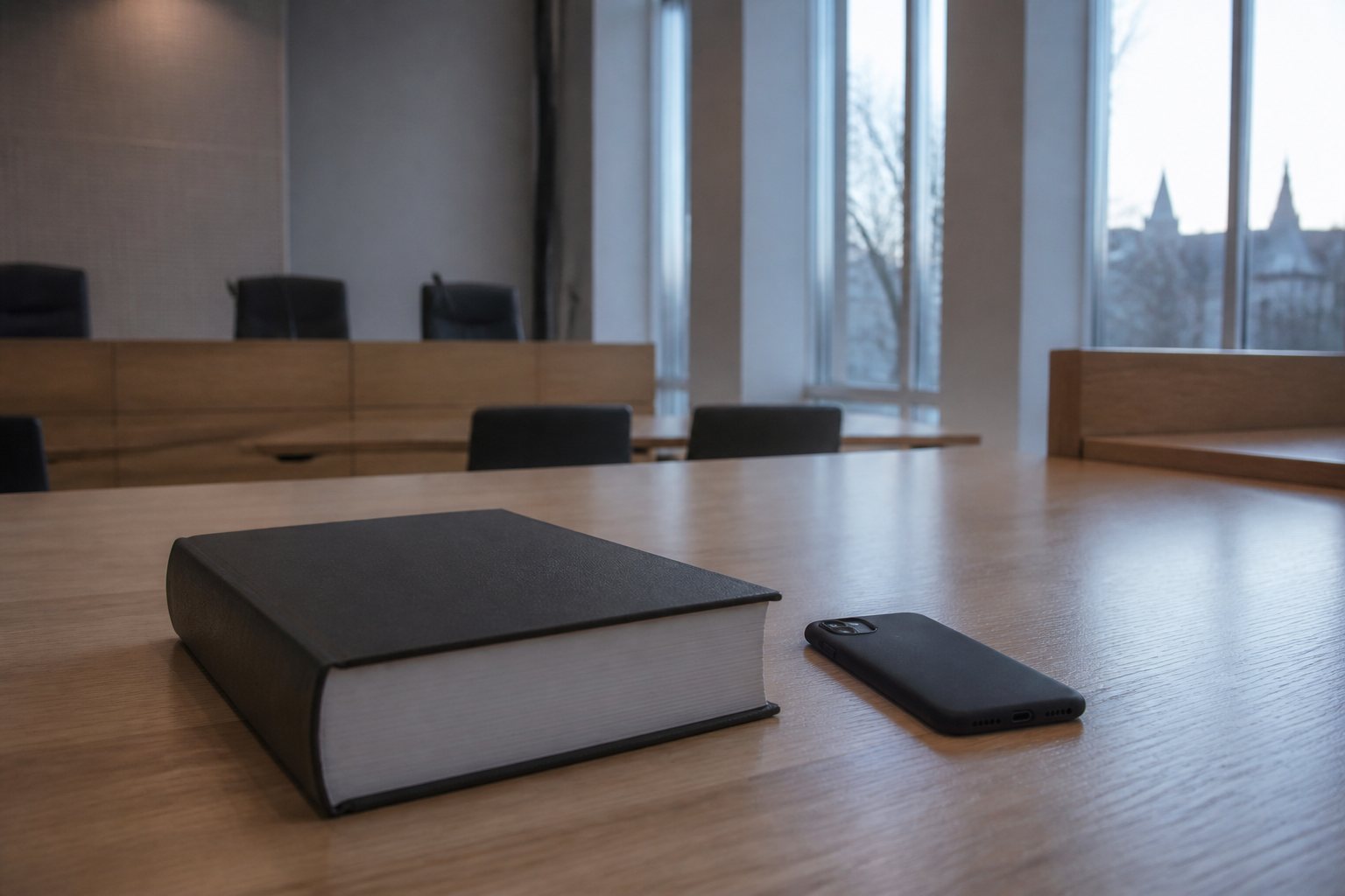 Dichtgeslagen wetboek naast een telefoon met het scherm naar beneden op een houten tafel in een lege rechtszaal