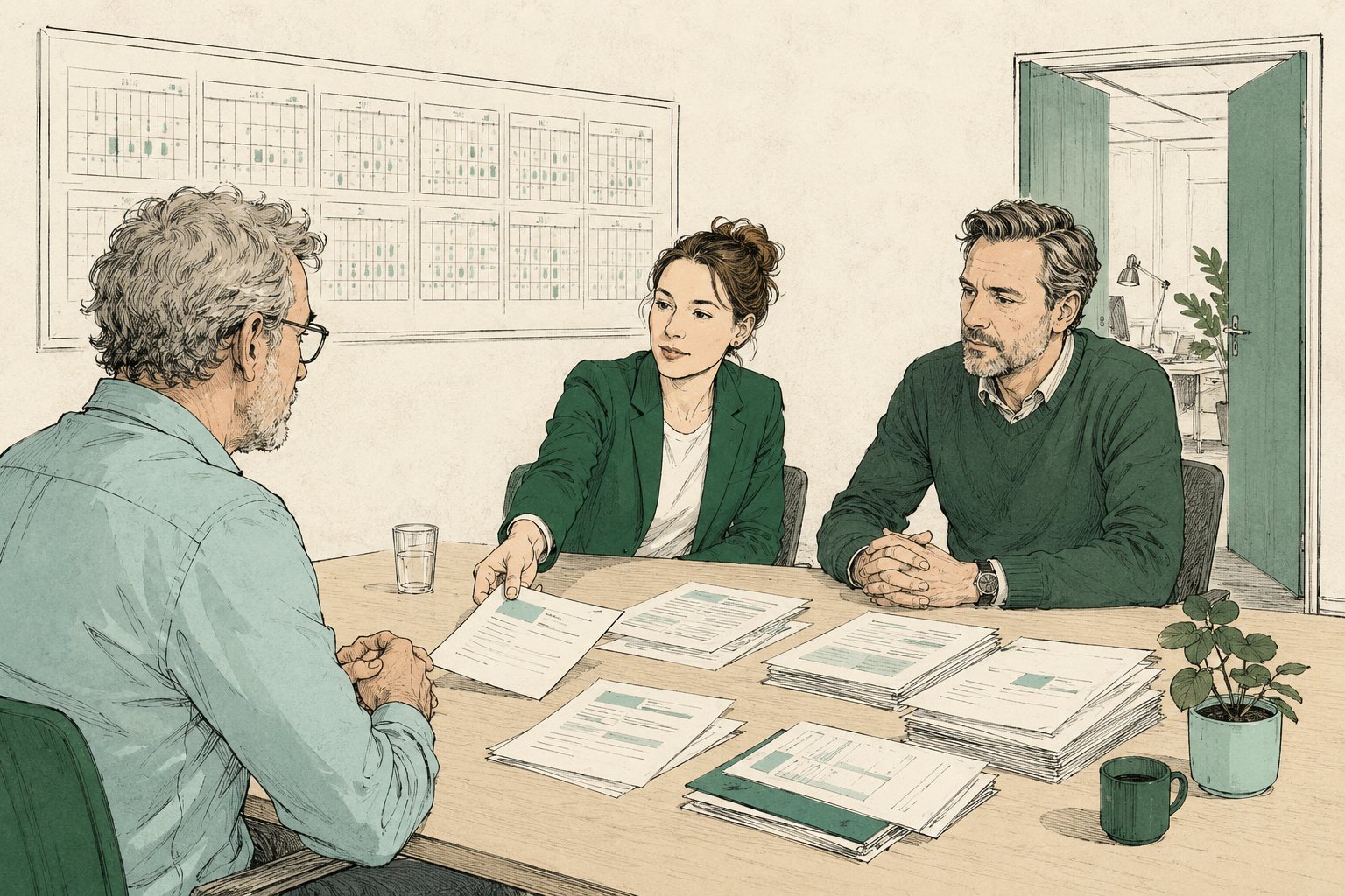 Freelancer tegenover twee bestuurders aan een vergadertafel met stapels jaarcontracten en facturen