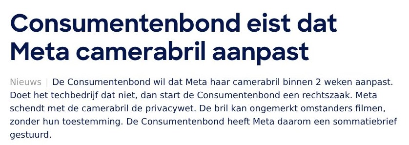 Kop en intro van het persbericht van de Consumentenbond: de bond wil dat Meta de camerabril binnen 2 weken aanpast, anders start een rechtszaak, en heeft een sommatiebrief gestuurd