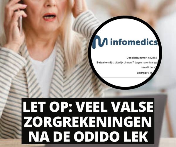 Uitsnede van een valse Infomedics-rekening met dossiernummer en een betaaltermijn van 7 dagen, met de tekst Let op: veel valse zorgrekeningen na de Odido lek