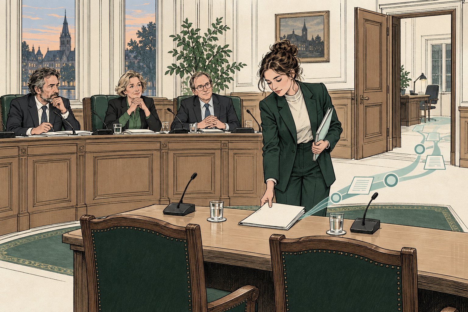 Senatoren in een commissiezaal kijken naar twee lege getuigenstoelen met waterglazen