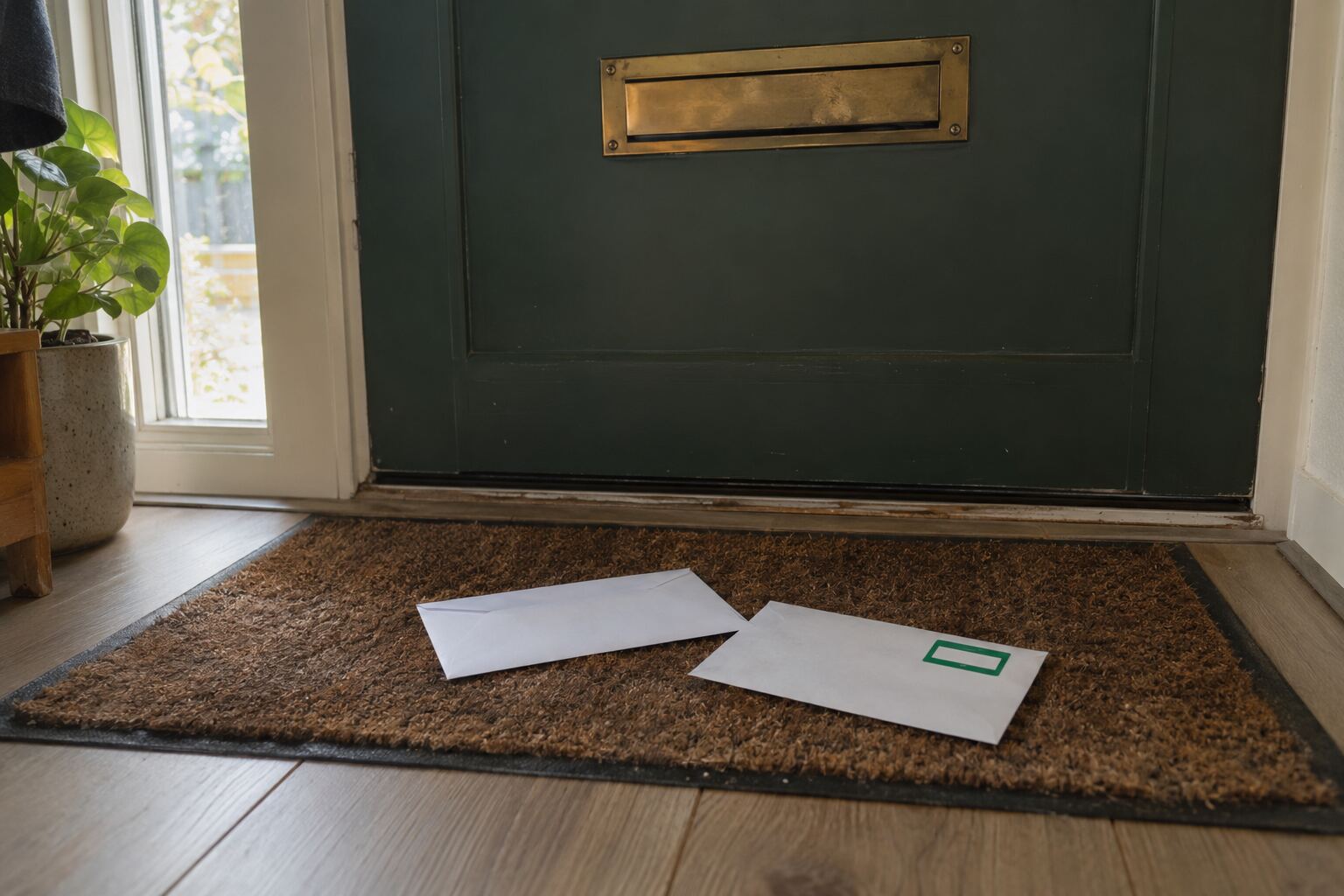 Twee enveloppen op een deurmat achter de voordeur, waarvan één met een groen sticker voor aangetekende post