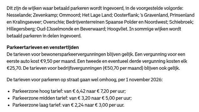 Uitsnede uit het persbericht van de gemeente Rotterdam met de volgorde van de wijken en de nieuwe parkeertarieven per uur