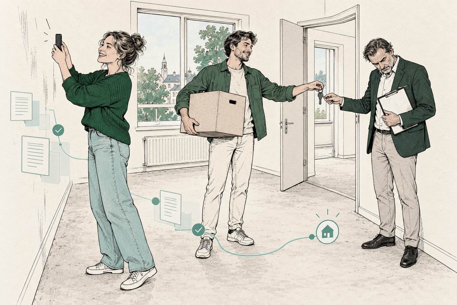 Illustratie van een jong stel dat bij het inleveren van de sleutels van een lege huurwoning de muur fotografeert terwijl de verhuurder een klembord vasthoudt