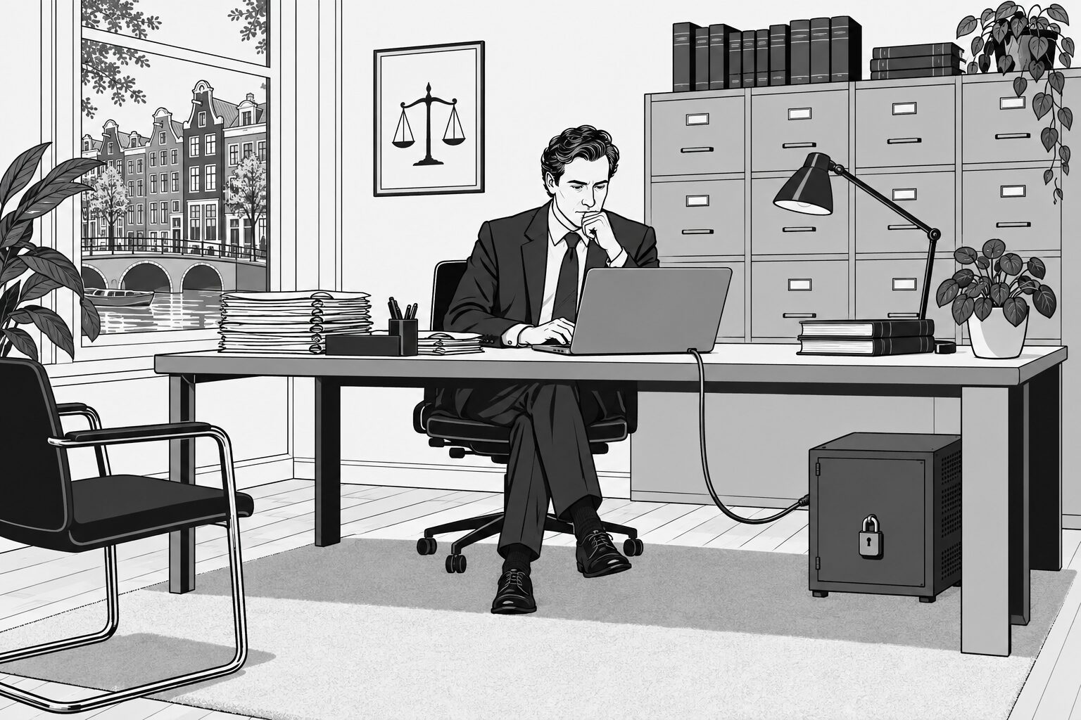 Inkttekening: een advocaat aan een bureau met dossiers, achter hem archiefkasten, onder het bureau een kleine serverkast met hangslot